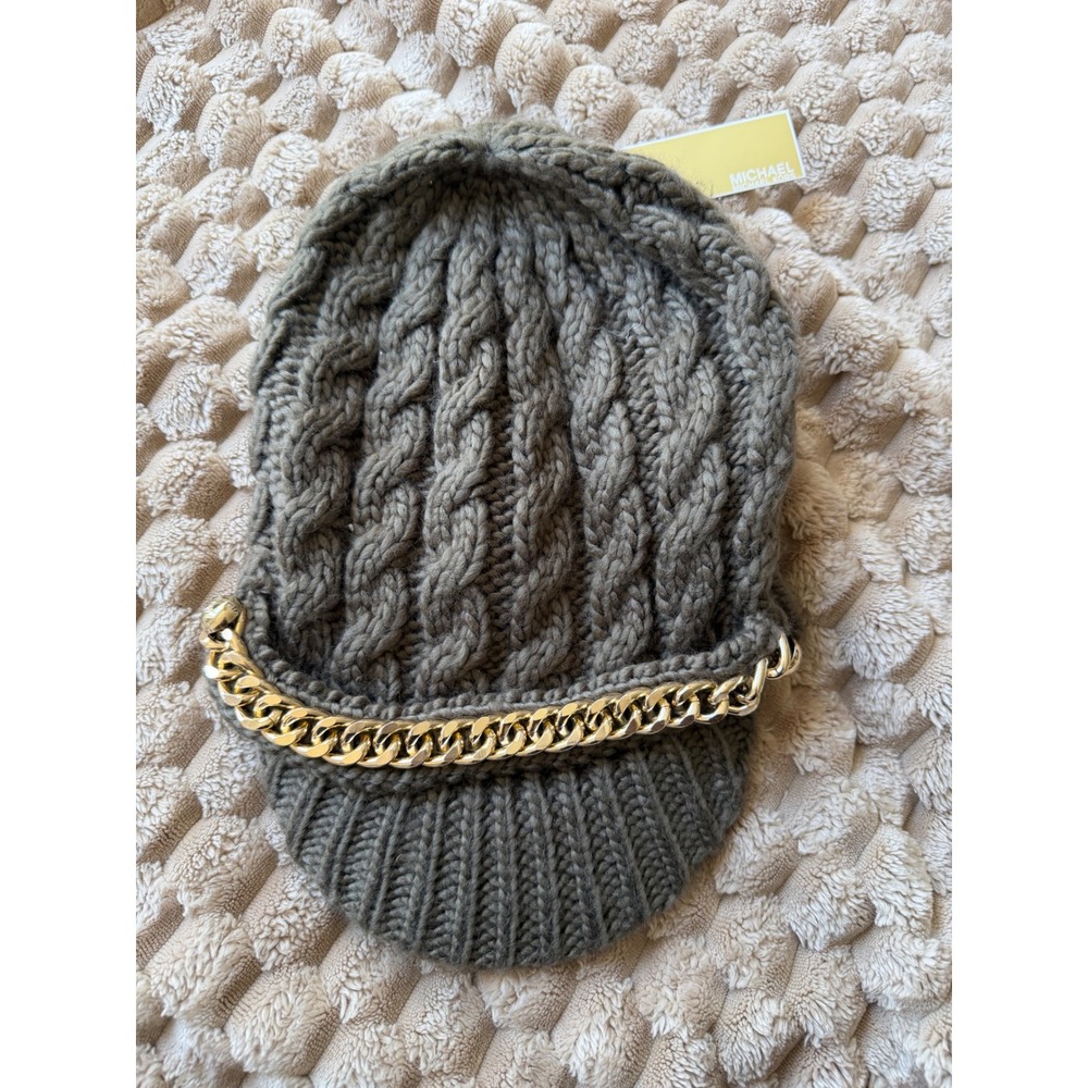 Michael Kors Olive Green Cable Knit Newsboy Cap Gold Chain Baker Boy Hat NEW - Picture 2 of 5